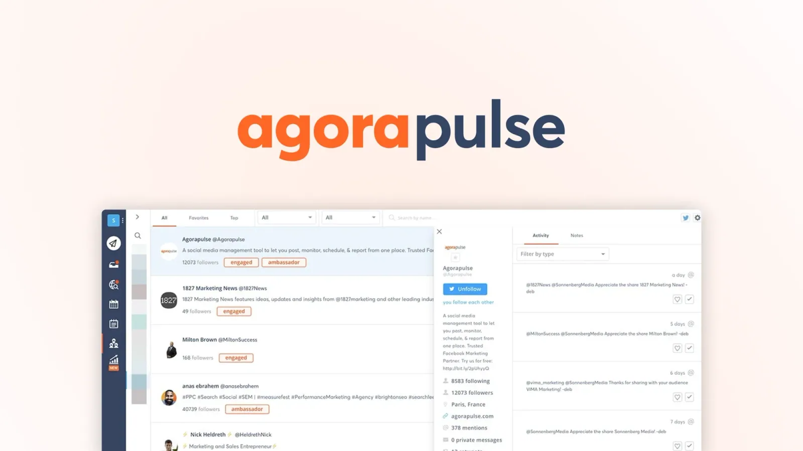 Agorapulse logo above its social inbox contact list and activity panel