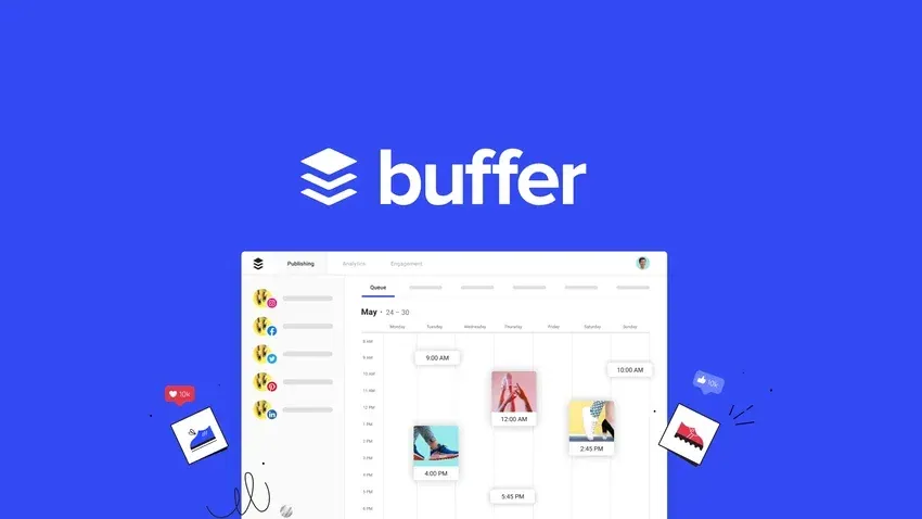 Buffer logo above an illustrated weekly publishing queue