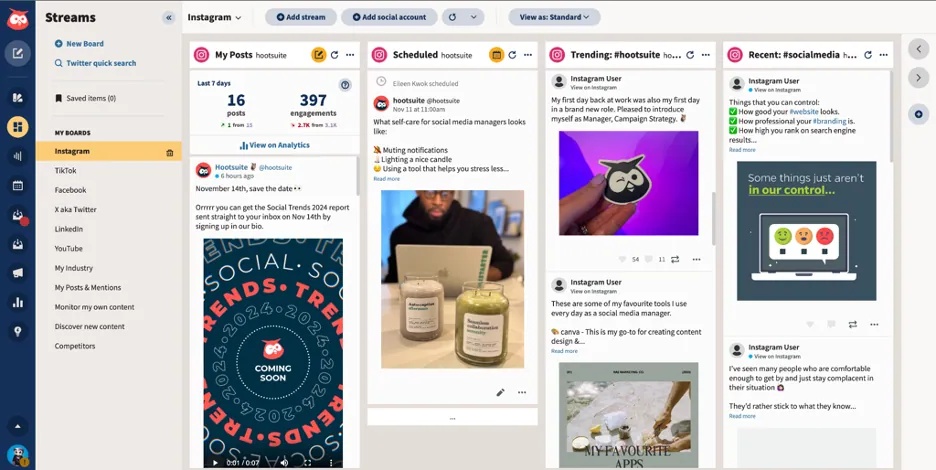 Hootsuite Streams view with Instagram post, scheduled and hashtag columns