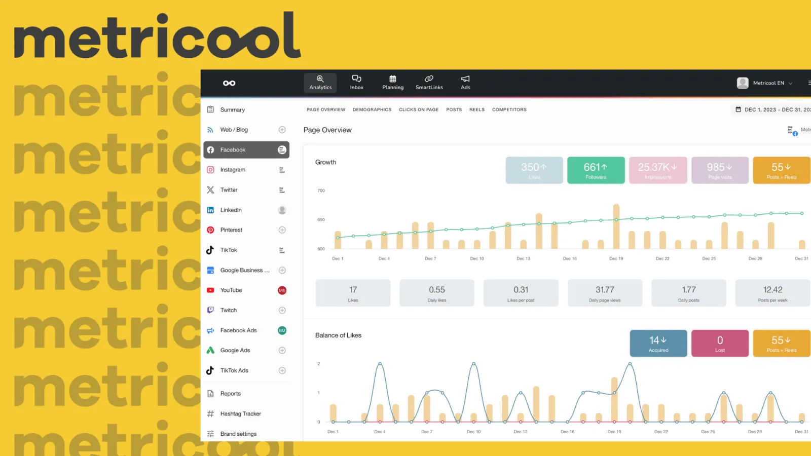 Metricool analytics dashboard showing a Facebook page overview with growth charts