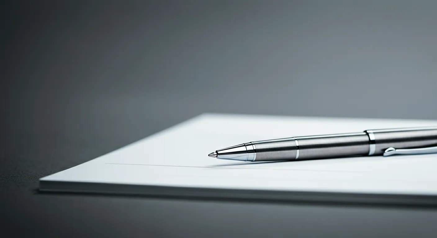 Close-up of a silver pen resting on a white sheet of paper