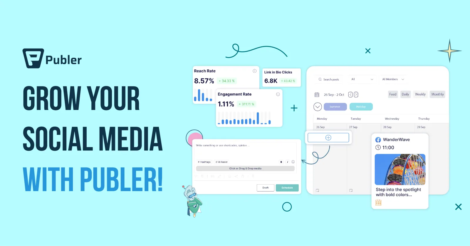 Publer promotional banner with sample analytics cards, a post composer and a weekly calendar