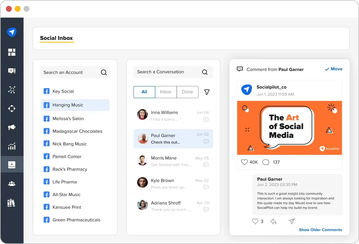 SocialPilot social inbox listing Facebook accounts and comment threads